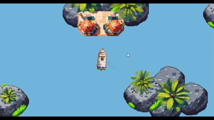 Displays Unity runtime game execution were fishing boat rides along the map while camera follows, so boat is always on the middle of the screen.