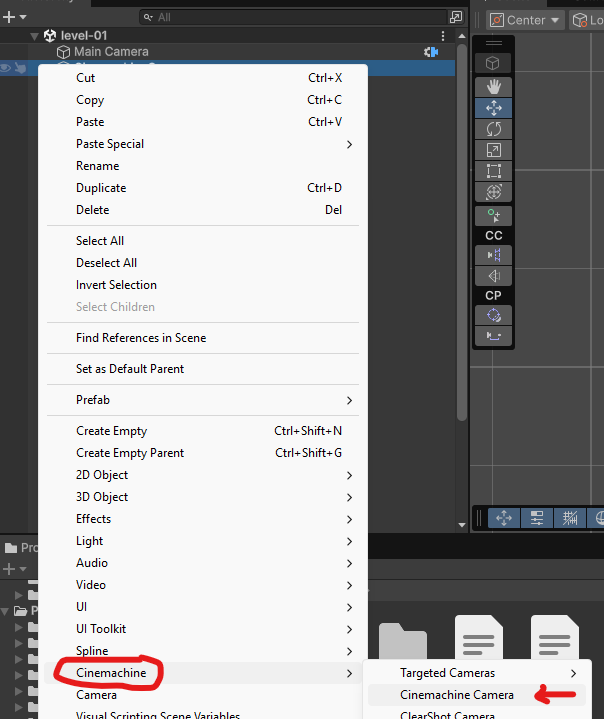 Displays Scene menu under right mouse click, with Cinemachine menu option. Under Cinemachine option the chosen item is Cinemachine Camera that is being added.