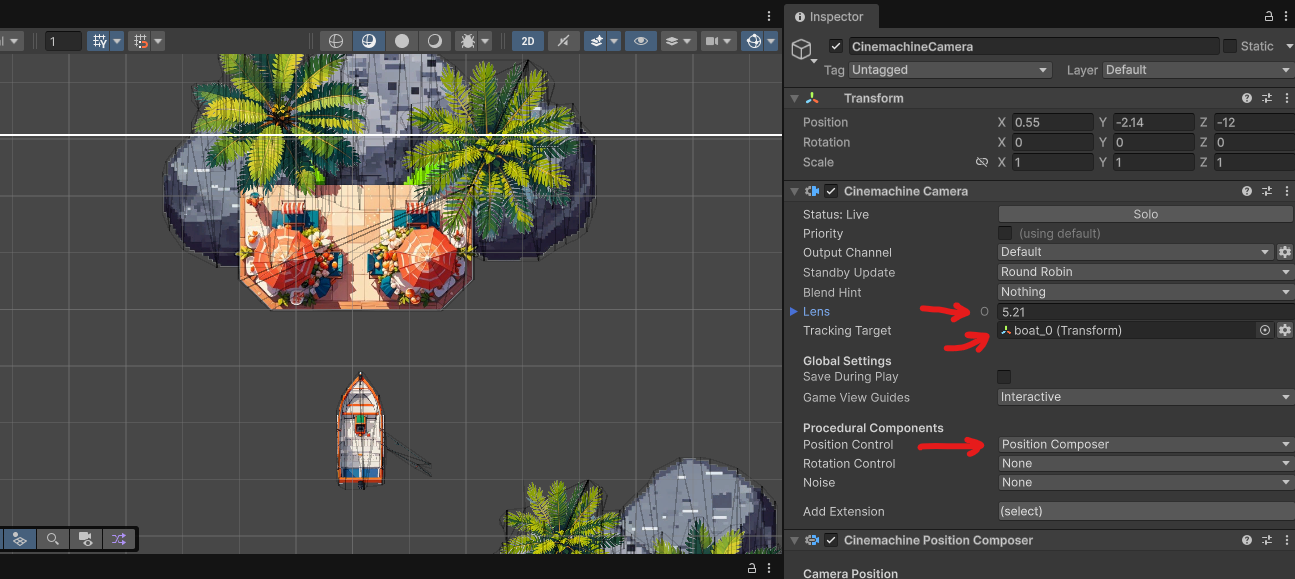 Displays Inspect tab with Cinemachine Camera properties, highlighting Lens, Tracking Target and Position Control.
