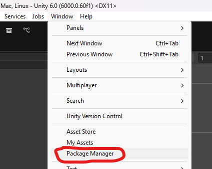 Displays Unity toolbar menu. Under Window indicating Package Manager menu item.