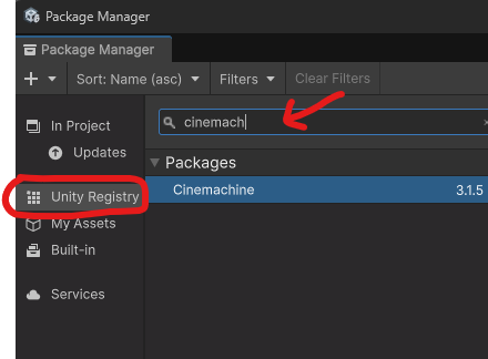 Displays Package Manager window. Under Unity Registry a search term is entered 'cinemach'. In search results it is listed a Cinemachine library.